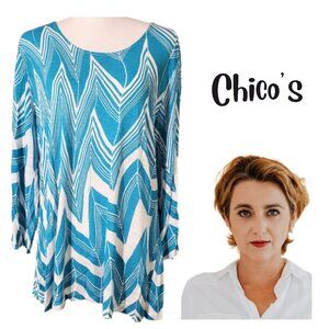 CHICO'S Blue & White Zig-Zag Print Pullover Blouse Shirt - Women's 3 (XL-16)